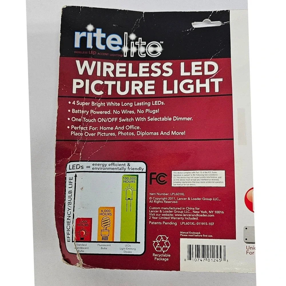 RiteLite Wireless LED Picture Light LPL601XL Brushed Metal Battery Operated New
